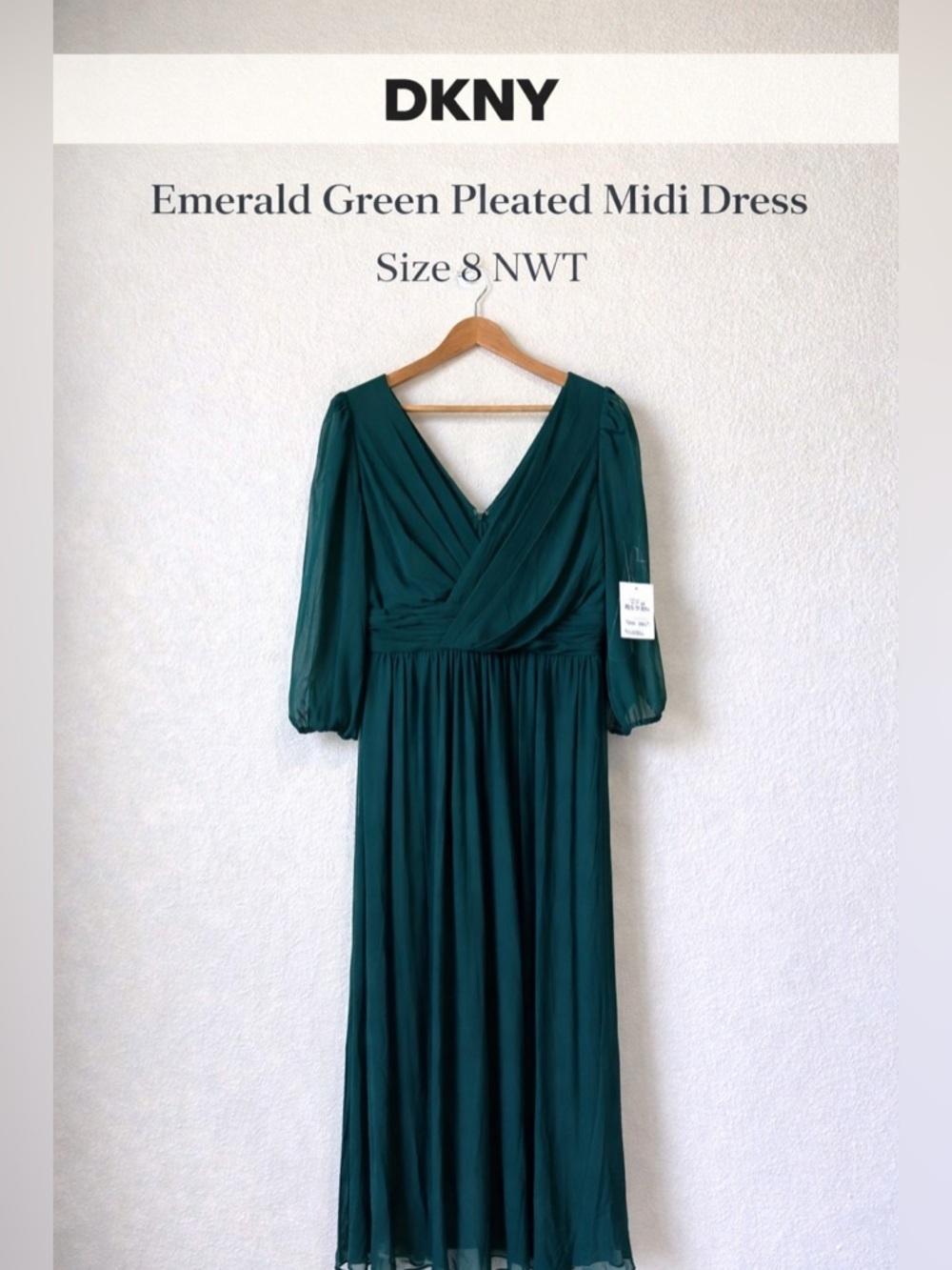 DKNY Emerald Green Pleated Midi Dress Size 8 NWT